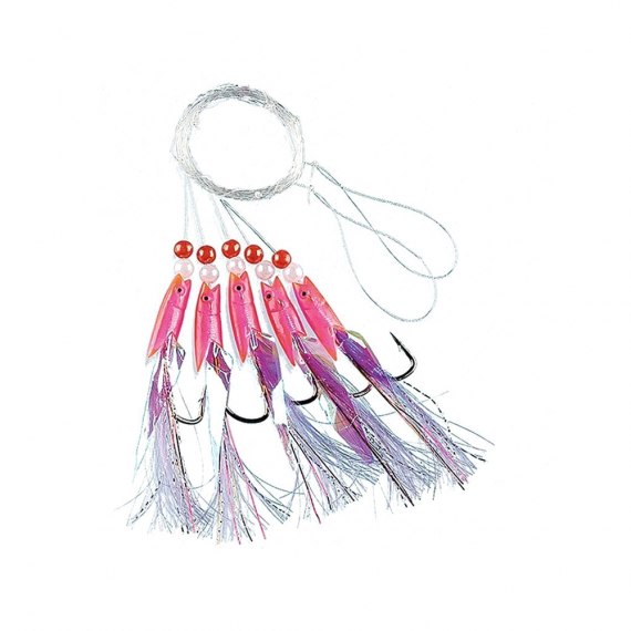 Fladen Pink Rubber w. white Feathers 5 Hooks, size 1/0 ryhmässä Uistimet / vieheet / Merikalastusvieheet / Houkutinrigit & jäämeririgit @ Sportfiskeprylar.se (1201-1-0)
