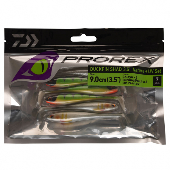 Daiwa PX Duckfin Shad 8,9cm (7pcs) - Nature + UV Set ryhmässä Vieheet / Jigit ja keinosyötit / Ahven- ja kuhajigit @ Sportfiskeprylar.se (32-216789)