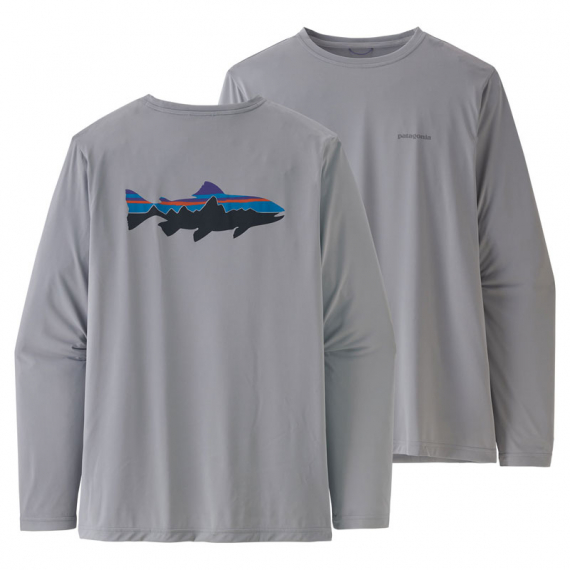 Patagonia M\'s L/S Cap Cool Daily Fish Graphic Shirt Fitz Roy Trout: Salt Grey ryhmässä Vaatteet ja kengät / Vaatetus / Villapaidat / Pitkähihaiset t-paidat @ Sportfiskeprylar.se (52147-FTGYr)