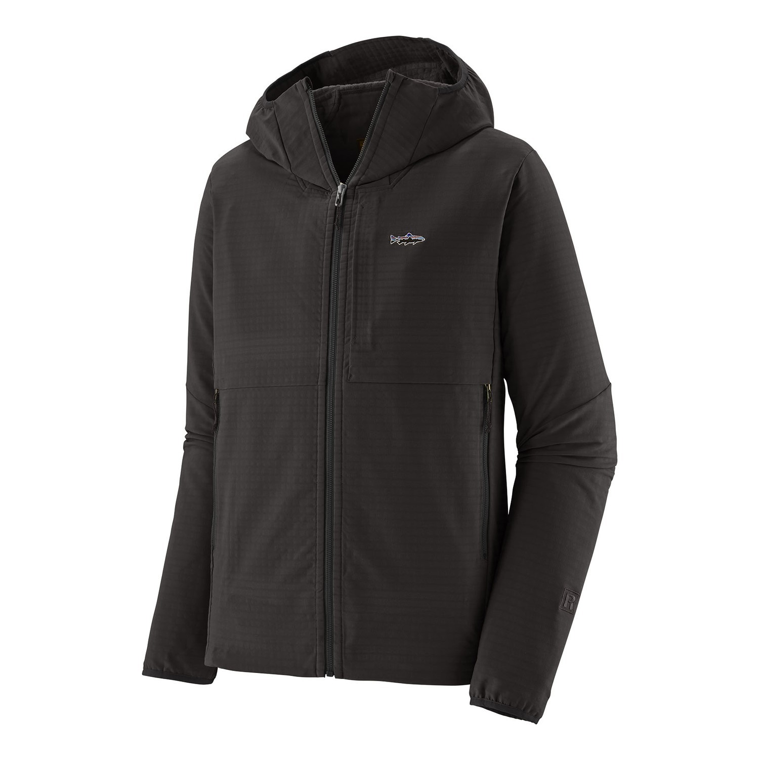 Patagonia M\'s R1 TechFace Fitz Roy Trout Hoody BLK ryhmässä Vaatteet ja kengät / Vaatetus / Takit / Windstoppers/Tuulitakit @ Sportfiskeprylar.se (81787-BLK-XXLr)