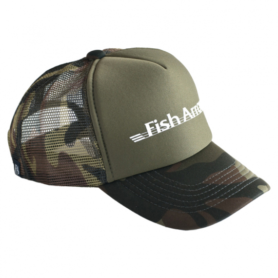 Fish Arrow Mesh Cap Green Camo/White logo ryhmässä Vaatteet ja kengät / Lippikset ja päähineet / Lippikset / Trucker lippikset @ Sportfiskeprylar.se (FA-4562178067811)