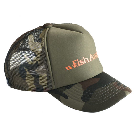 Fish Arrow Mesh Cap Green Camo/Orange logo ryhmässä Vaatteet ja kengät / Lippikset ja päähineet / Lippikset / Trucker lippikset @ Sportfiskeprylar.se (FA-4562178067828)