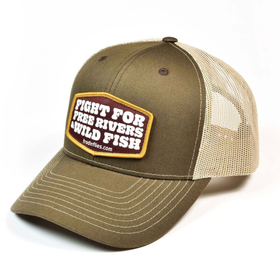 Frödin \'Free Rivers & Wild Fish\' Trucker Hat – Brown/Tan ryhmässä Vaatteet ja kengät / Lippikset ja päähineet / Lippikset / Trucker lippikset @ Sportfiskeprylar.se (TH-FBT)