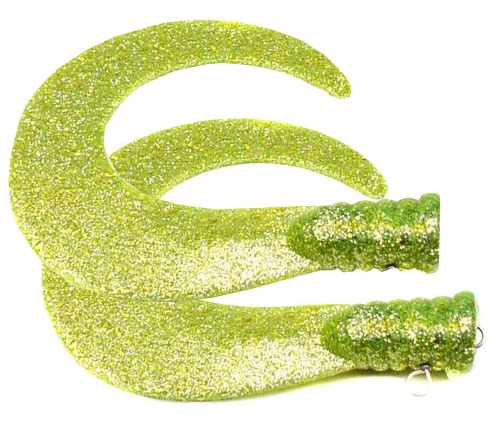 SvartZonker Big Tail (2kpl) - Chartreuse glitter ryhmässä Uistimet / vieheet / Softbaits / Kumikalat / Varapyrstöt & Curlys @ Sportfiskeprylar.se (ZS101101)