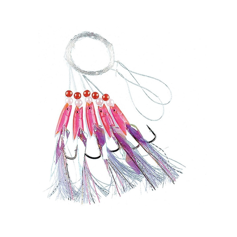 Fladen Pink Rubber w. white Feathers 5 Hooks, size 2/0